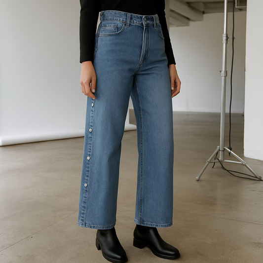Women’s High-Rise Wide-Leg Jeans with Side Buttons
