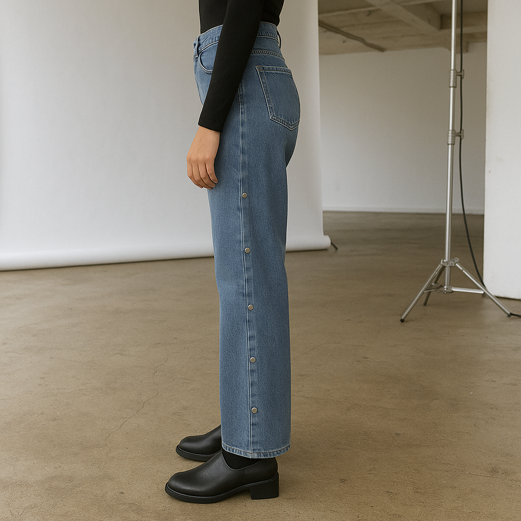 Women’s High-Rise Wide-Leg Jeans with Side Buttons