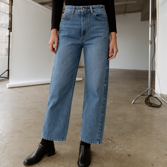 Women’s High-Rise Wide-Leg Jeans with Side Buttons