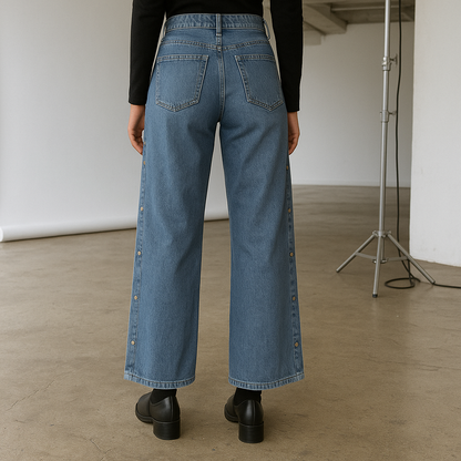 Women’s High-Rise Wide-Leg Jeans with Side Buttons